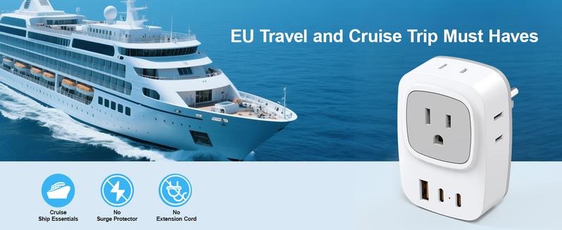 Germany France Power Adapter with 2 USB C, 4 AC Outlets. EU Plug Adapter for US to Europe, Korea, Iceland, Greece, Spain.