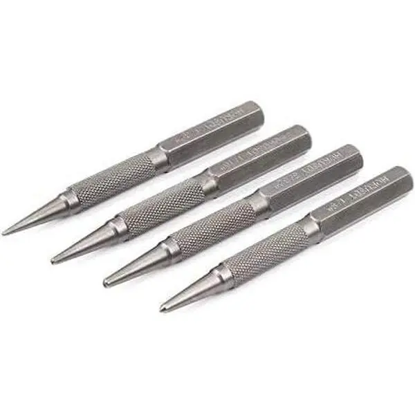 4- Durable  Setter Punch & Center Punch Set, Hardened Cr-V Steel with Non-Slip Knurled Grip, Includes 3  Setters (1/32", 1/16", 3/32") and 1/8" Center Punch