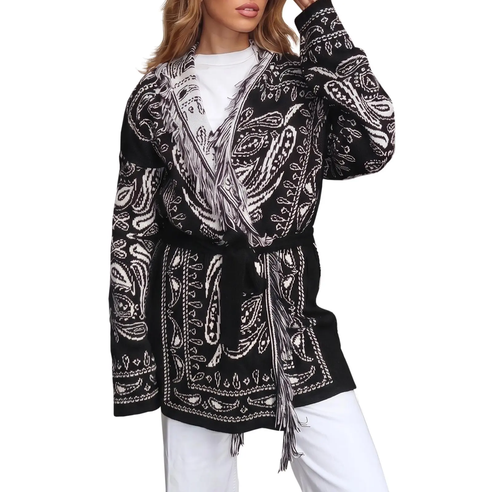 Saodimallsu Womens Fall Tassel Shawl Collar Cardigan Paisley Wrap Sweaters,sohochic