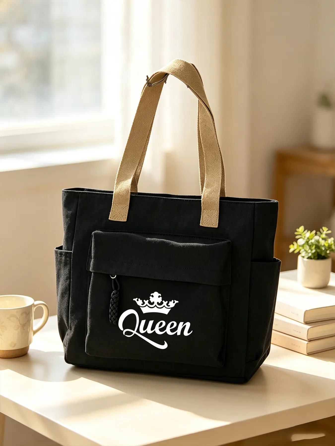 QUEEN Print Fashion Tote Bag, Unisex Shoulder & Crossbody Bag, Large-Capacity Handbag, Commute Work Bag, Travel Duffle Bag. Ideal for work, school, travel, and perfect as a gift.