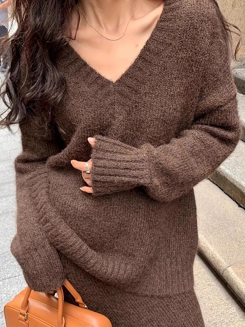 Women's V-Neck Sweater Dress Set, Casual Fashion Two-Piece Knitwear, Autumn Winter New Arrival, Comfortable and Elegant Style