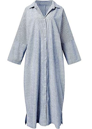 utcoco women's spring and autumn striped long-sleeved dress casual loose cotton shirt dress Maxi Button teacher outfits
