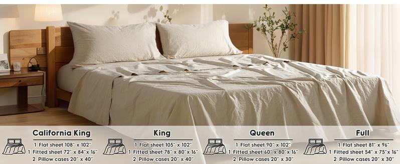 Sonoro Kate French Pure Linen Sheet Set 4PCS – Soft, Breathable & Cooling Bed Sheets for All Seasons, Durable with 16" Deep Pocket – in Natural Linen