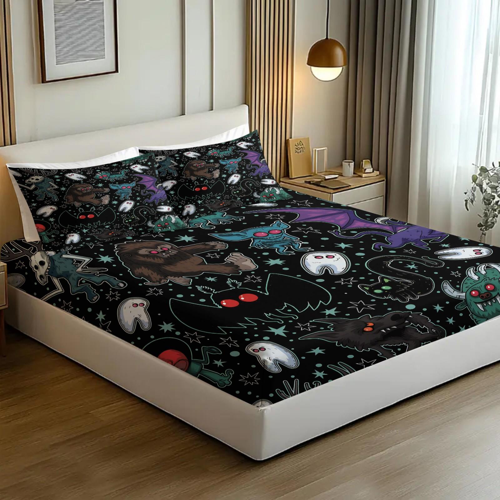 Cartoon Spooky Monster Bat Ghost Fitted Sheet Set, 1 Fitted Sheet + 2 Pillowcases, Deep Pocket Non-Slip Mattress Protector, Soft Comfy Breathable All Season Bedding, Gothic Halloween Creature Print Decorative Bedding Set For Teen Goth Bedroom Decor