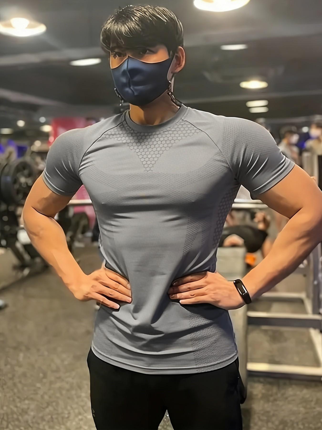 Men's Honeycomb Patchwork Quick-Dry Tight-Fit Shirt, Moisture-Wicking, Breathable, Gym Training Muscle-Defining T-Shirt, All Seasons