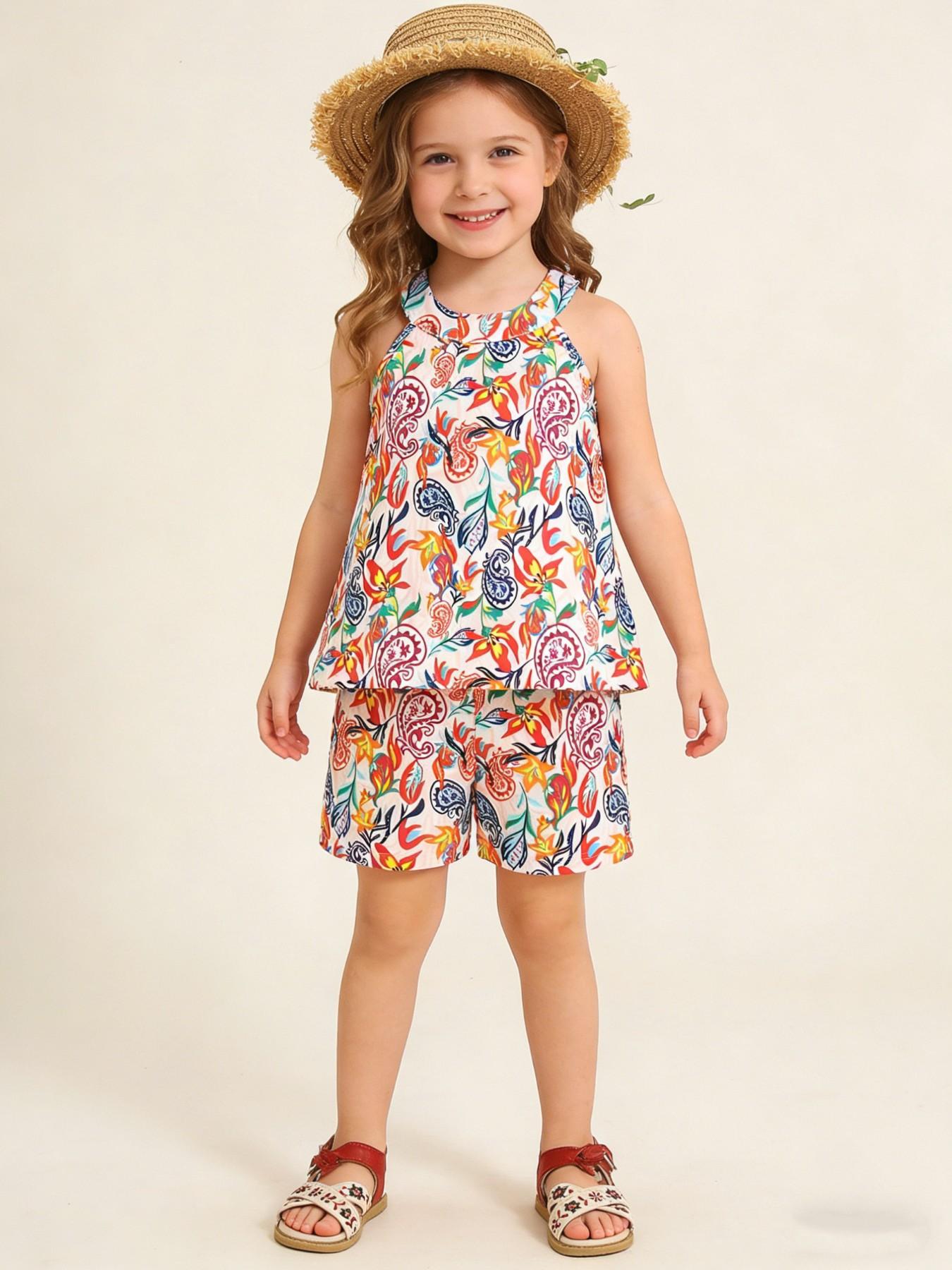 Girls' Colorful Floral Paisley Set, Lightweight Sleeveless Top + Loose Shorts, Bohemian Style Summer for Kids Aged 2-7 Years