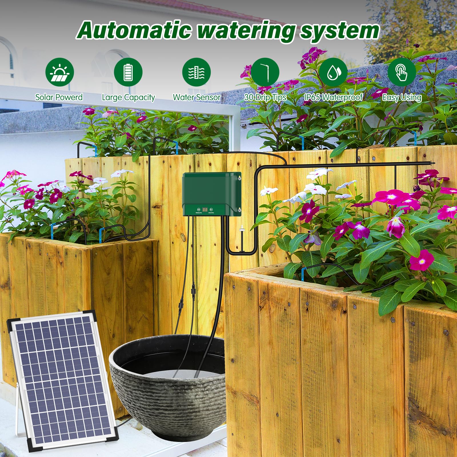 AnseTo Solar Irrigation System 10W Watering for Garden Plant Greenhouse,2026 Latest Model Drip Kit DIY Automatic with 30 Drippers/Auto Alarm Mode