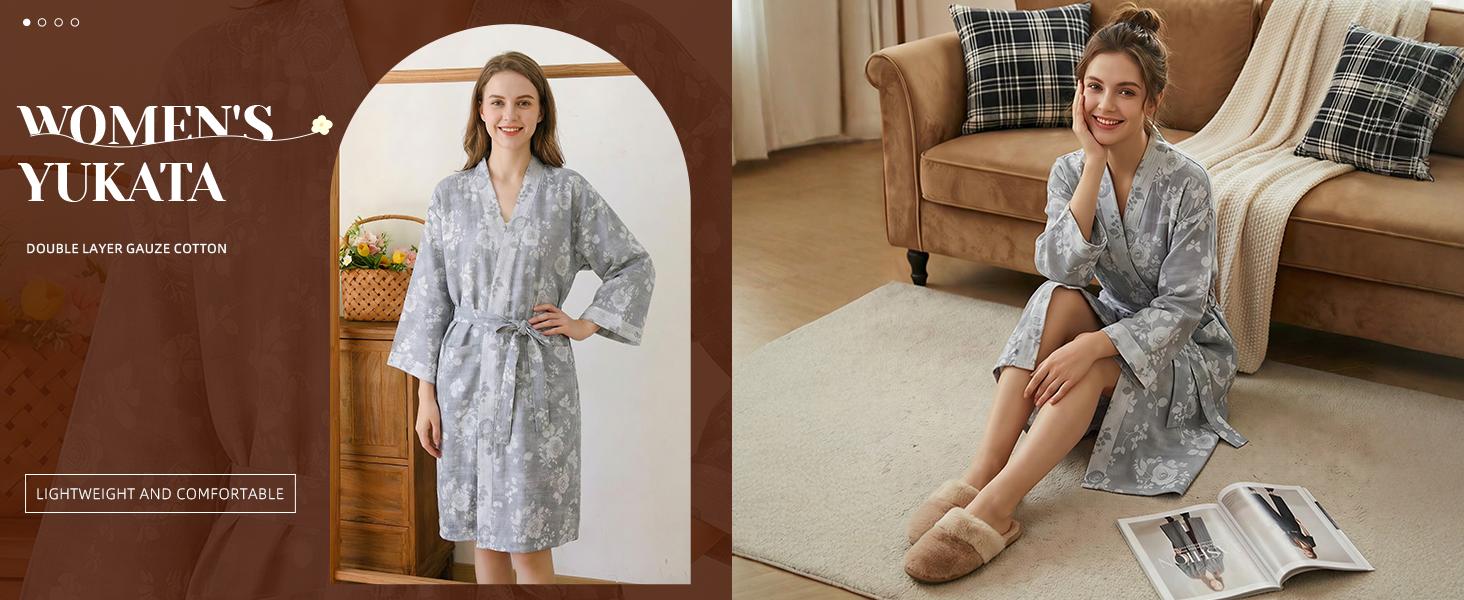 Wyeysyt Women's Cotton Gauze Jacquard Weave Knee-Length Loose-Fitting Japanese Yukata Muslin Bathrobe, Loungewear Sleepwear Gowns