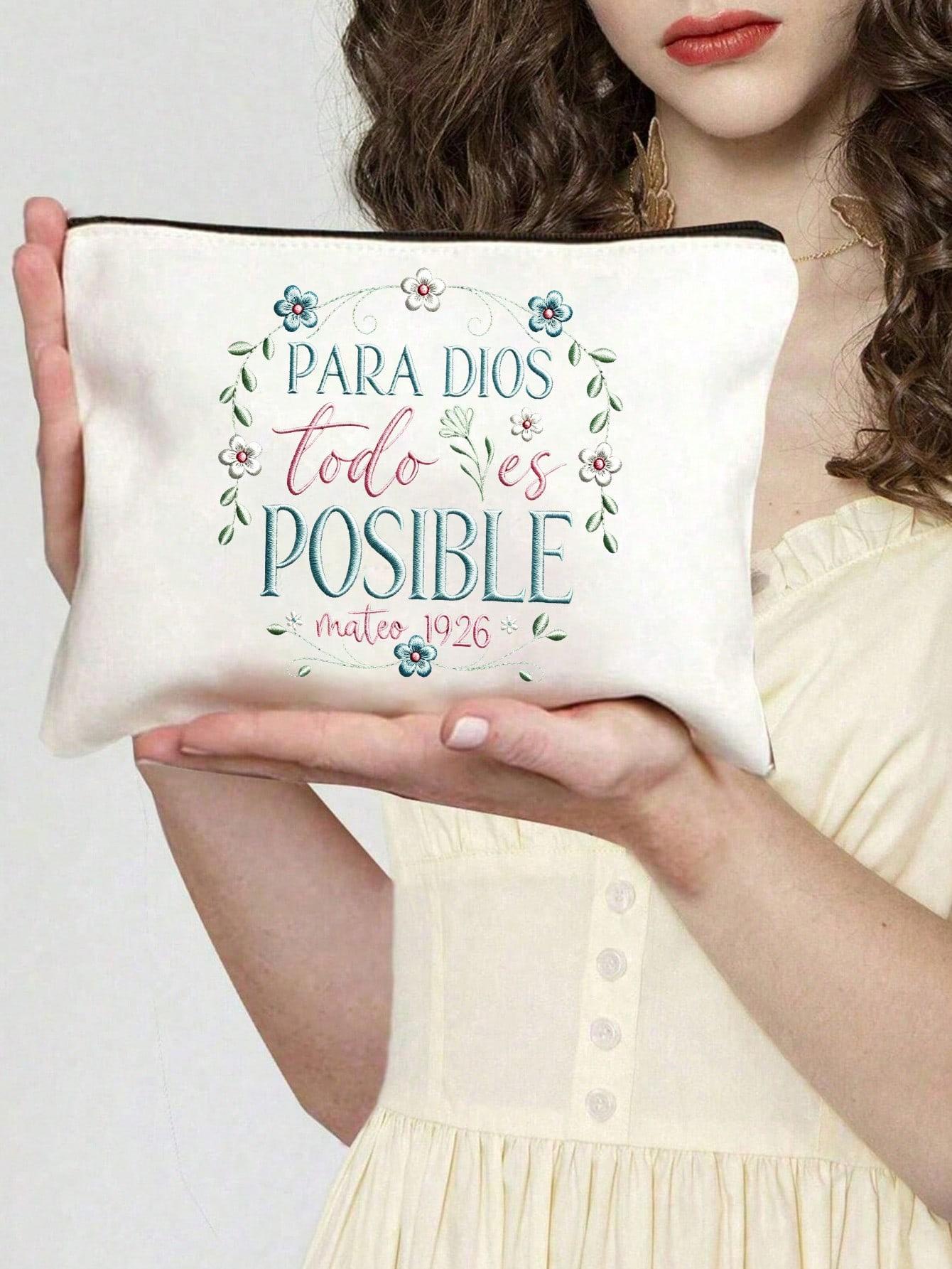 All For God Floral Polka Dot Tote Bag Set, White Dot Bow Faith Bible Shoulder Bag with Embroidered Wreath Makeup Pouch, Spanish Scripture Handbag for Church Travel Gift