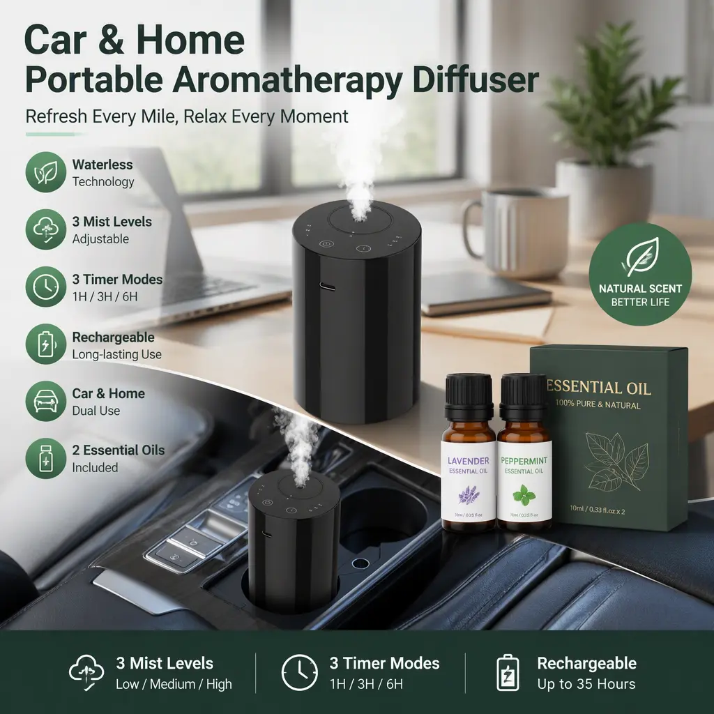 Waterless Rechargeable Essential Oil Diffuser, 3 Mist Levels & Timing Function, Portable Aromatherapy Device for Home Car Office Studio