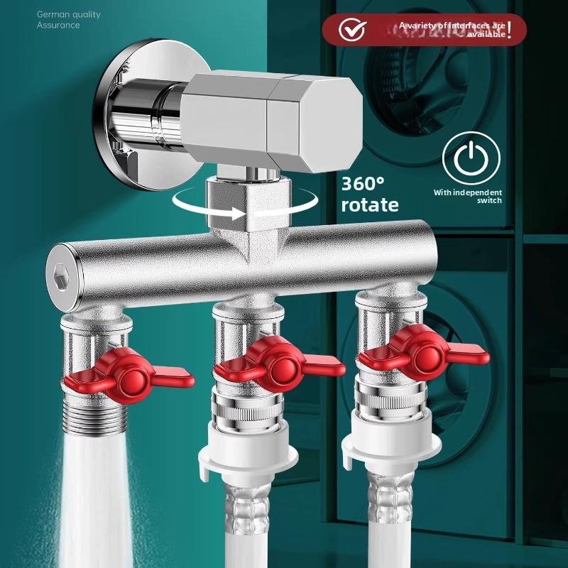 No need to disassemble the original faucet. Washing machine faucet splitter, one inlet three outlets with switch, 6-point quick-install buckle water diverter valve
