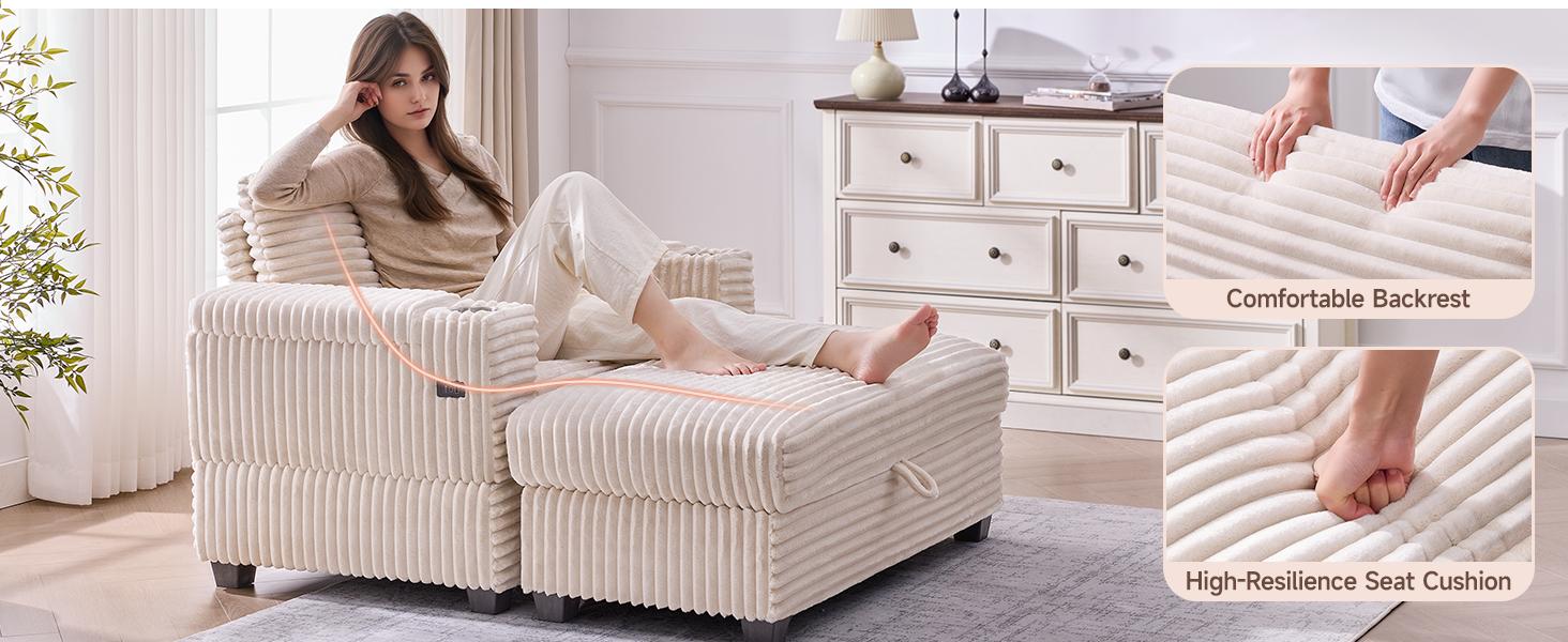 【SPOTLIGHT DAY】ONBRILL Corduroy Oversized Chair with Ottoman, 44" Wide Armchair with Cup Holders & USB Port, Reading Chair w/Storage Armrest, Easy Assembly, Comfy Single Sofa Bed for Living Room, Apartment