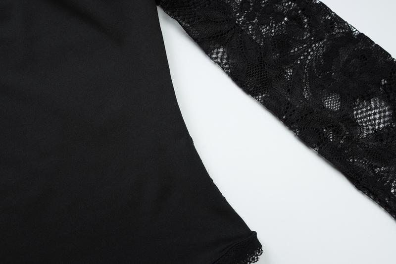 Women's Solid Color Lace Floral Spliced Ruffles Trim Sheer Long Sleeve Tee, Sexy Flower Pattern Designed Slim-fit T-shirt for Party Club Holiday, Ladies Summer Clothes, Top