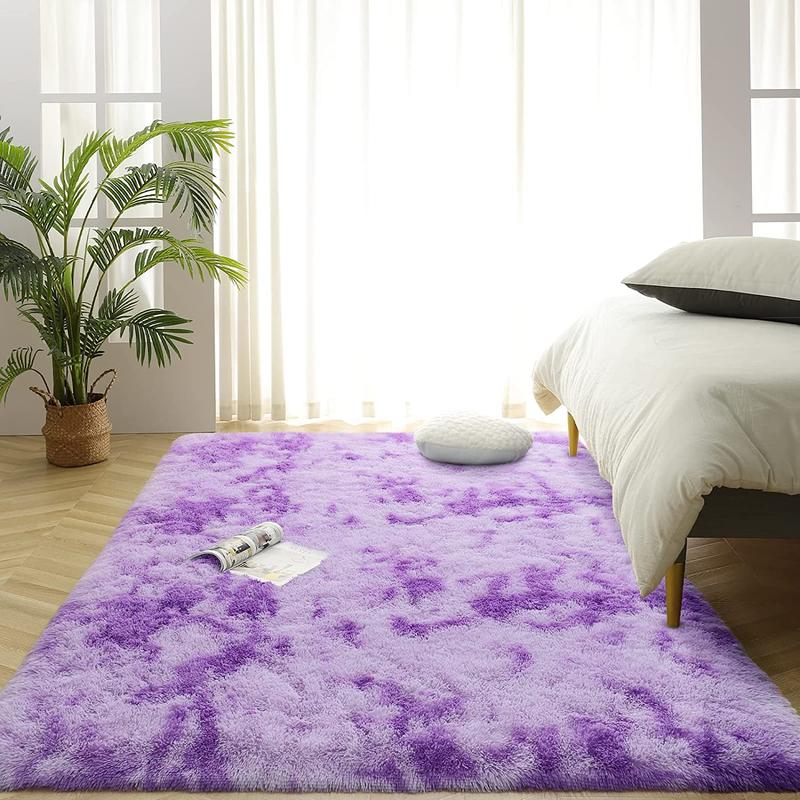 Purple Shag Rug 5x8, Tie Dye Fluffy Plush Area Rug for Bedroom, Soft Living Room Rug, Kids Room Carpets, Modern Home Decor-S