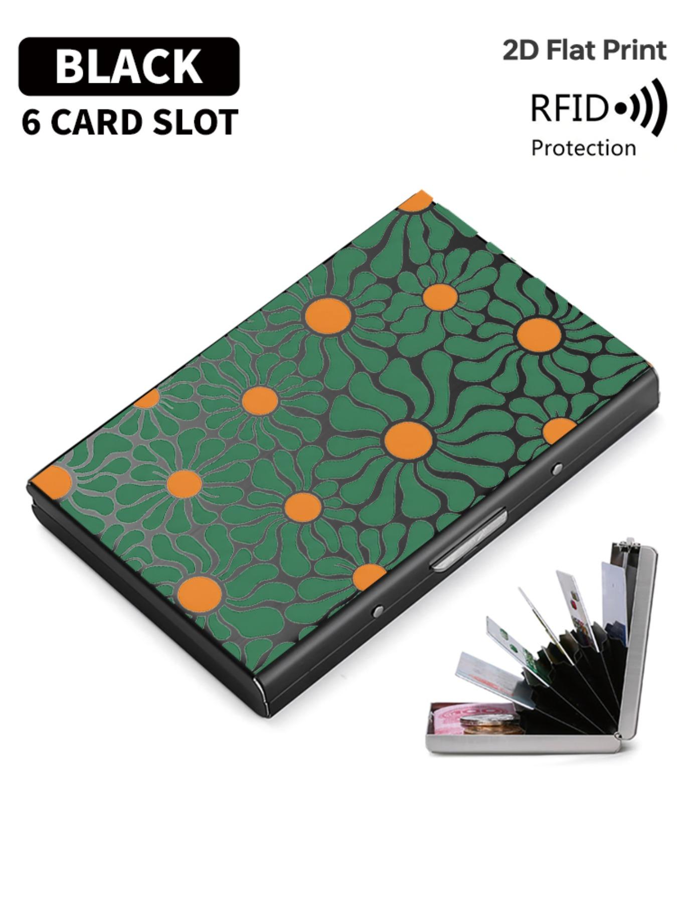 Rfid Anti-Theft Stainless Steel Card Holder, Vintage Daisy Pattern, Slim Wallet for 6 Cards, Unisex Travel & Business Use