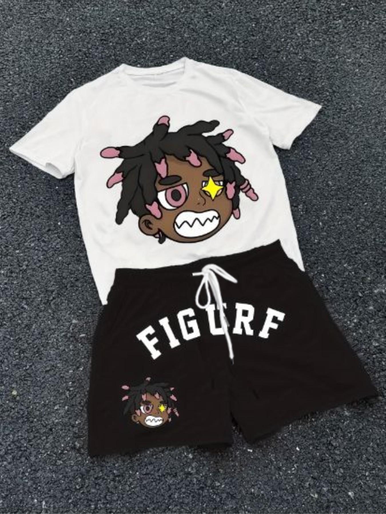 Summer Breathable Two-Piece Set, Cartoon Pattern Round Neck T-Shirt and Drawstring Shorts, Ideal for Outdoor Activities and Backpack Travel