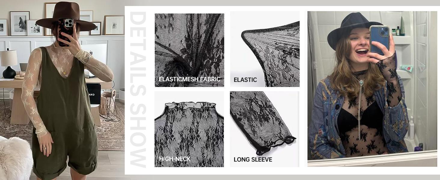 JovenPara Womens Lace Mesh Long Sleeve Tops Floral Sheer See Through Sexy Mock Neck Tee Shirts Layering Blouses