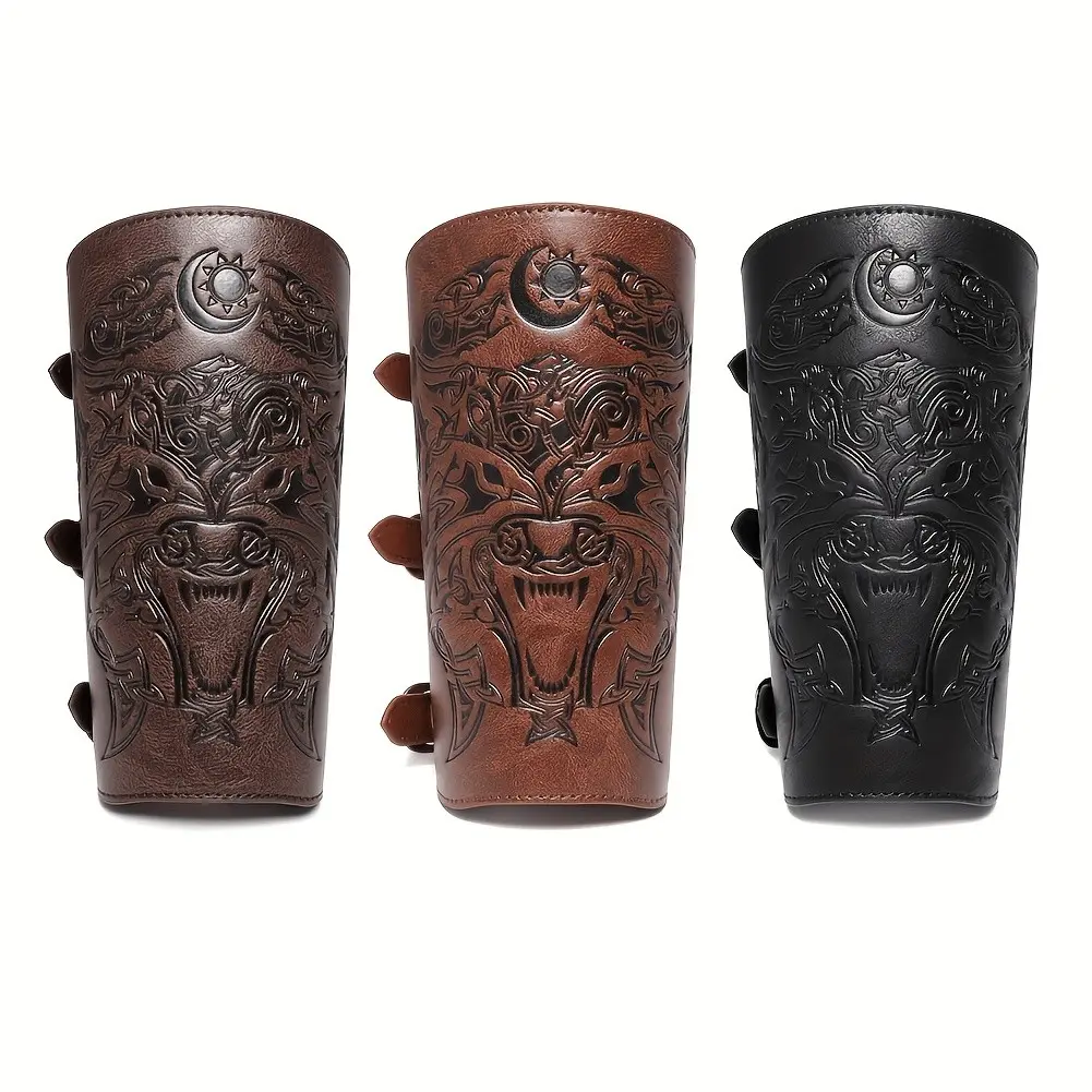 2 Pcs Artificial Leather Men's Wrist Guards, Medieval Buckle Design, Protective Arm Sleeves, Stylish Accessory for Daily Wear