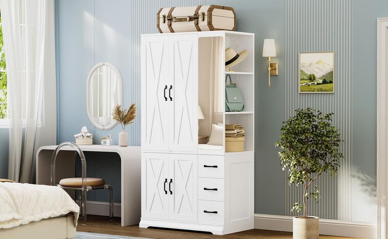 ANCTOR Armoire Wardrobe Closet with Mirror, 70.9" H × 36.2" W, Bedroom Armoires with 4 Doors, 3 Drawers and Shelves, Large Clothing Storage Cabinet for Hanging Clothes