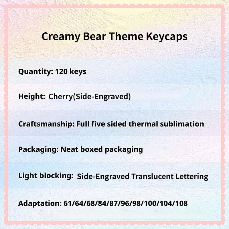 New 120-key Cream Bear Themed Side-Engraved Translucent Keycaps, CHERRY Profile Double-Shot PBT Material, Adopting 5-Side Dye-Sublimation Technology, Wear-Resistant, Anti-Shine, Mechanical Keyboard Keycaps, Gaming Keyboard Keycap