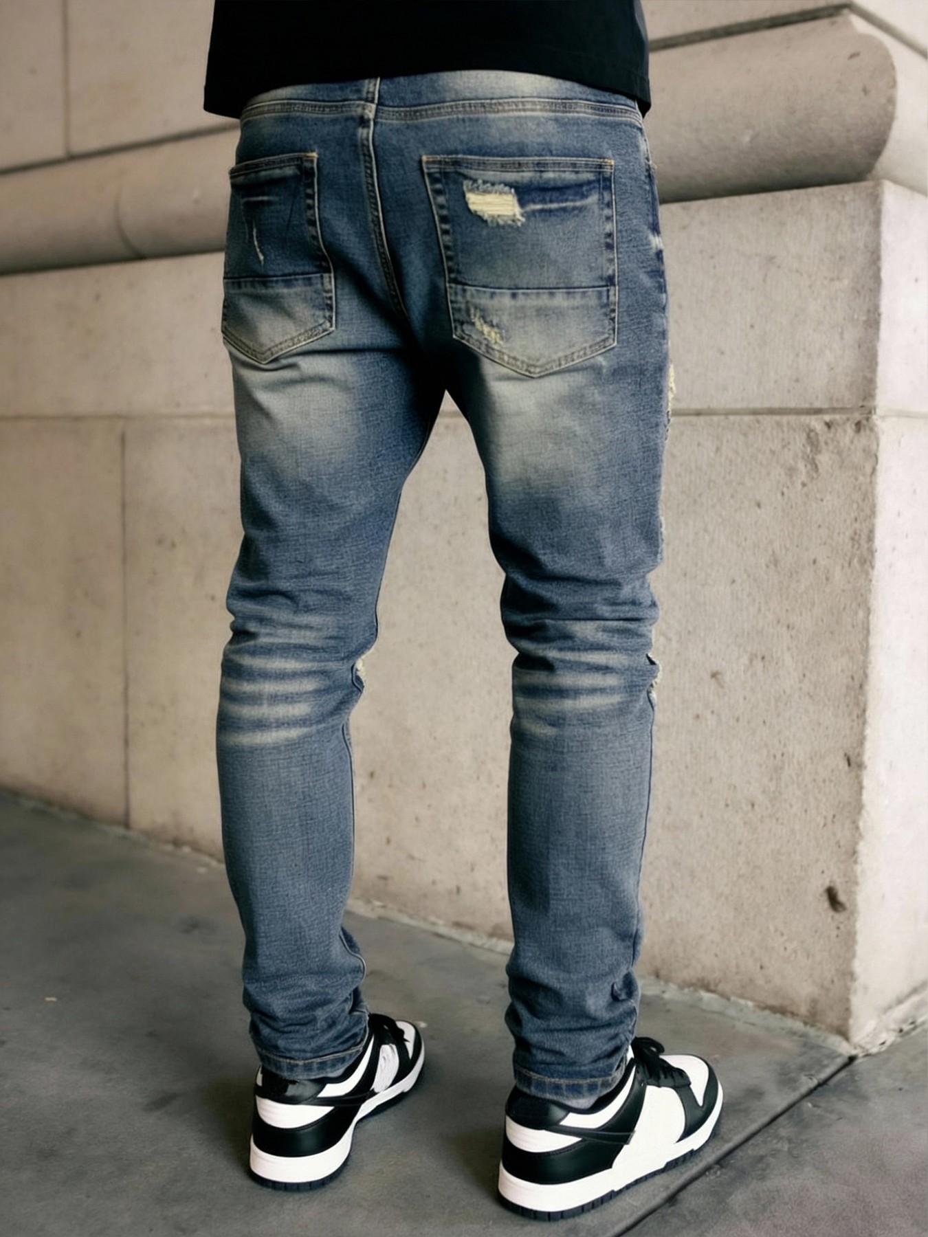 Men's Deep Blue Slim Fit Elastic Denim Jeans, Knee Patched Design, Vintage Wash, Street Style, All Seasons, Zipper Fly, Natural Waist