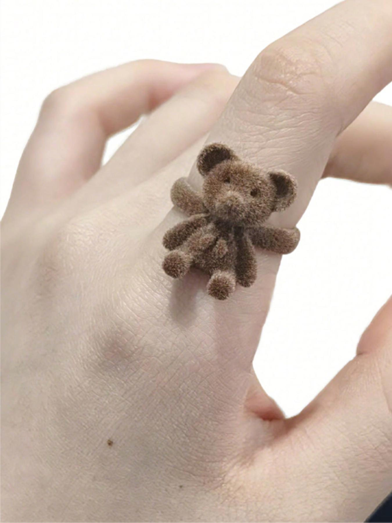 Cartoon Plush Bear Ring for Women, Adjustable Open Band, Cute Animal Pattern, Perfect Gift for Friends and Girlfriends, All Seasons