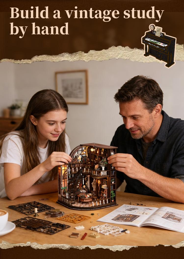【Bacchus Bookstore】Wooden Book Nook DIY Model Kit for Adults Vintage Abstract Renaissance Style Hand-Assembled Booklet Toy House 3D Puzzle Wooden Shelf Decoration,Miniature Dollhouse Kit Victorian Style Wooden Dollhouse Birthday Gift