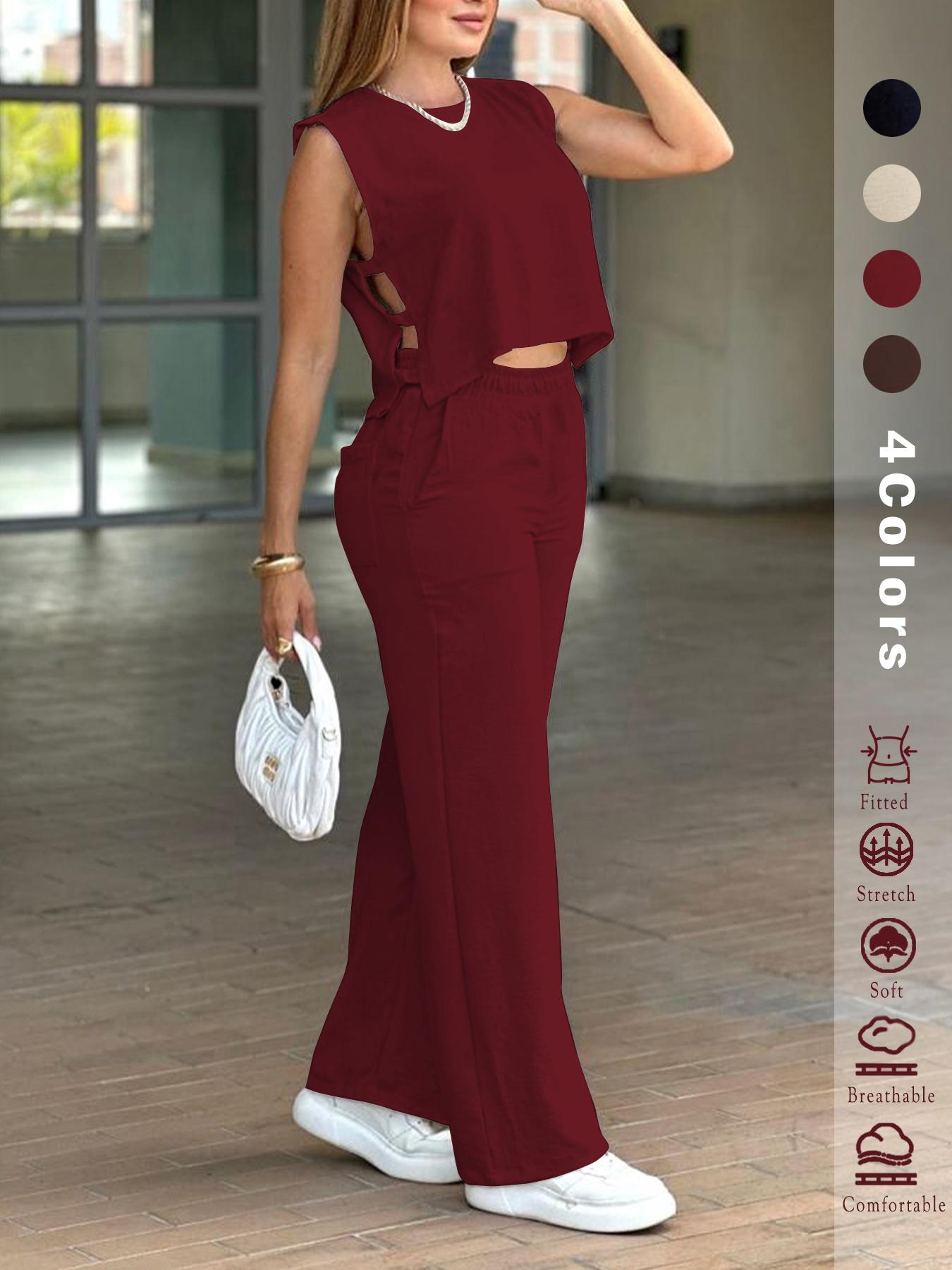 2025 Women's 2PCS Set - Sleeveless Side Cutout Crop Top & Wide-Leg Pants | Loose Fit, Elastic Waist w/Pockets | OOTD for Spring/Summer/Autumn | Office, Commute & Daily | All Body Types | #Fashion2025 #WorkWardrobe #LoungeElegance