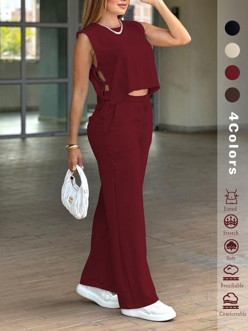 2025 Women's 2PCS Set - Sleeveless Side Cutout Top & Wide-Leg Pants | Loose Fit, Elastic Waist w/Pockets | OOTD for Spring/Summer/Autumn | Office, Commute & Daily | All Body Types | #Fashion2025 #WorkWardrobe #LoungeElegance