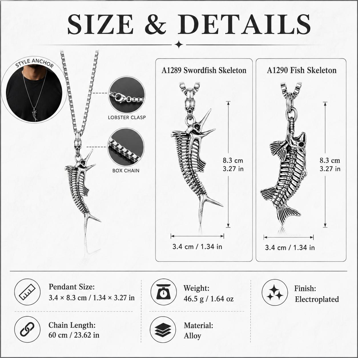 Vintage Gothic Oversized Alloy Metal Fish Skeleton Necklace for Male Wear - Elongated Form Silver-Tone Fossil Fish Skull Pendant, 23.62in Chain for Everyday Use Vintage Gothic Oversized Alloy Metal Fish Skeleton Necklace for Male Wear - Elongated Form Silver-Tone Fossil Fish Skull Pendant, 23.62in Chain for Everyday Use