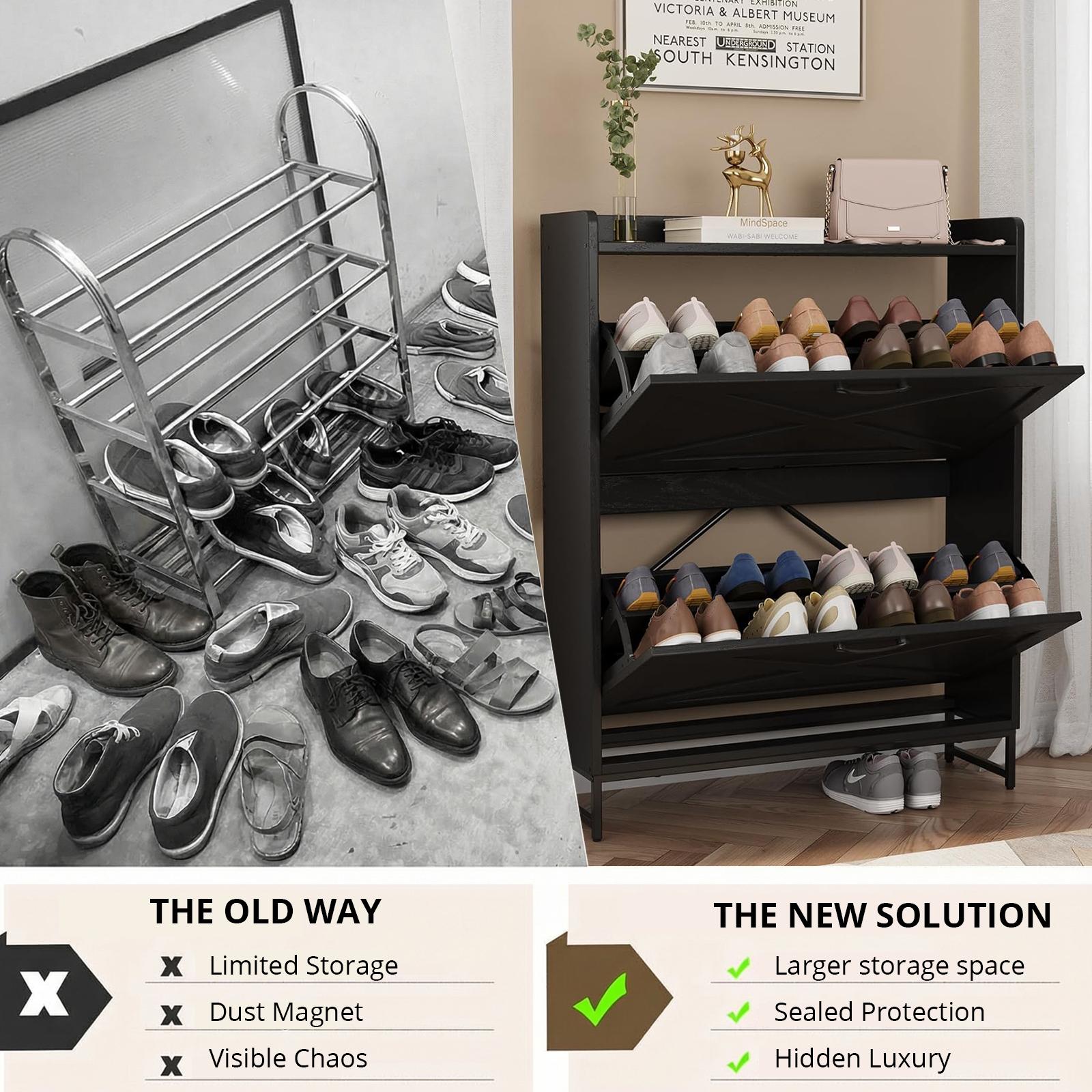 VOWNER Farmhouse Shoe Storage Cabinet with 2 Flip Drawers, Freestanding Organizer with Metal Legs for Entryway, Narrow Shoe Rack Cabinet