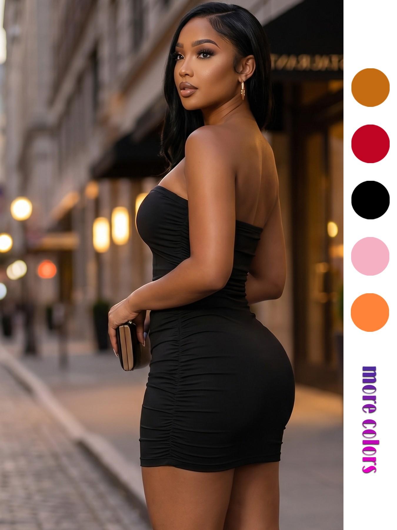 Women's Sleeveless Strapless Tube Ruched Bodycon Mini Dress, Gorgeous Elastic Strap Short Dress, Perfect for Nightclub, Party, Casual, Home, Cocktail Parties
