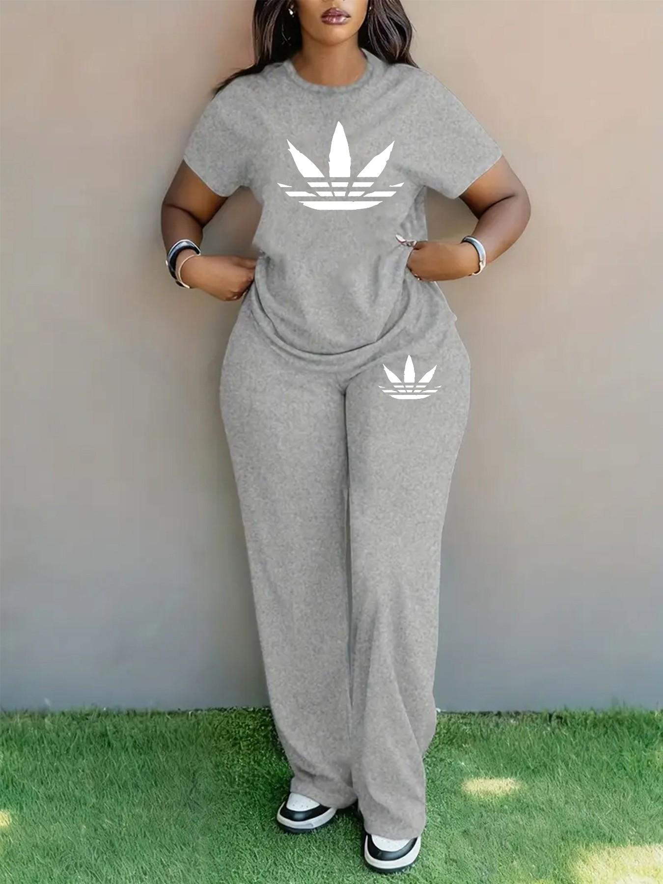 Women's Plus Size Spring Summer Fashion Print Round Neck Short Sleeve T-Shirt & Wide Leg Pants Two-Piece Set, Casual Pocket Design