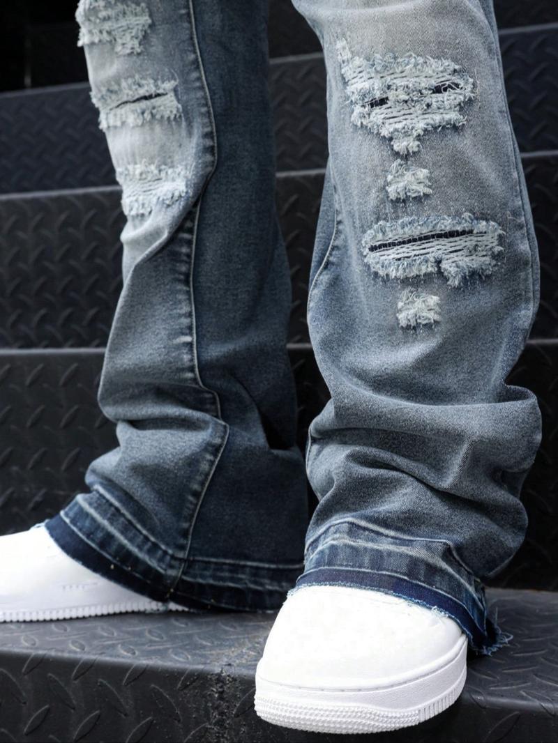 High Street Heavy Distressed Jeans, Vintage Wash Micro Flare, American Street Style, Fashionable Denim Jeans for Men and Women