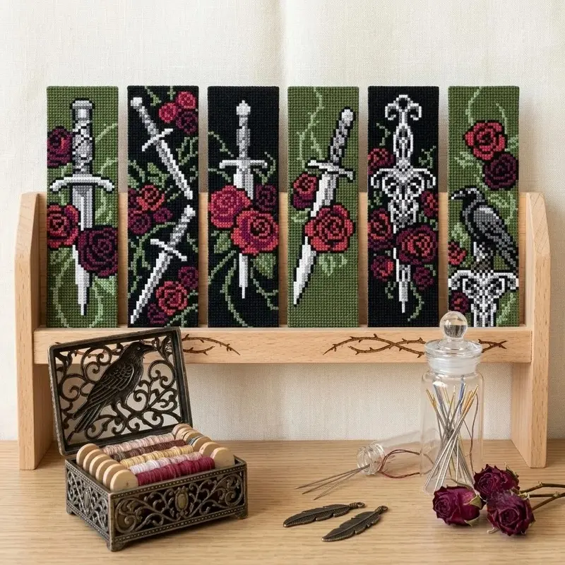 7-Piece DIY Cross-Stitch Bookmark Set | Dark-Toned Vintage Rose Short Sword Pixel Bookmark Cross  Stitch Set, perfect for beginners. Ideal as a handmade gift, home decor, or creative craft material  perfect for book lovers and leisure activities.