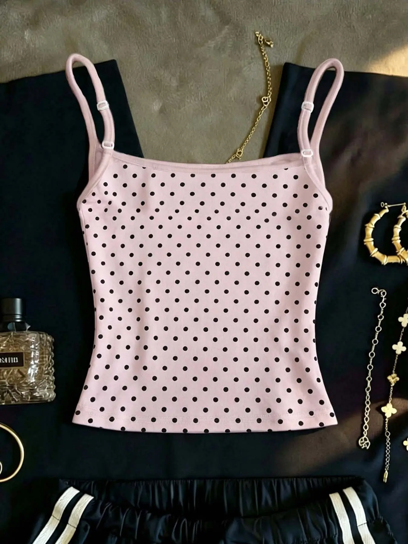Pink and black polka dot adjustable strap tank top, slim-fitting design, stretchy and breathable fabric, perfect for everyday casual wear, women's street-style polka dot layered top, suitable for vacation wear, Casual Sleeveless Tops