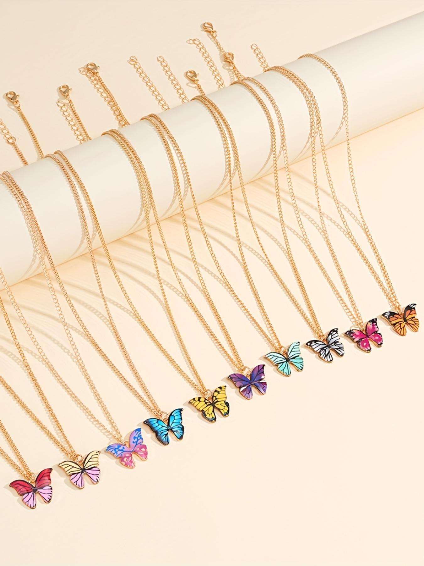 10-Piece Fashion Elegant Simple Colorful Butterfly Y2K Pendant Matching Necklaces Set, Unisex, Perfect for Vacation, Party, Date, Gift, Daily Wear
