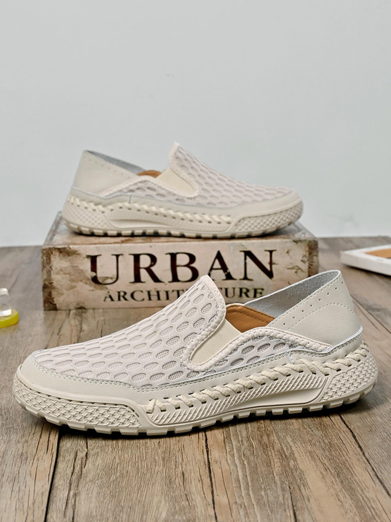 Men's Solid Color Mesh Breathable Slip-On Loafers, Soft Sole Anti-Slip Hand-Stitched Walking Shoes, Lightweight Casual Dad Shoes