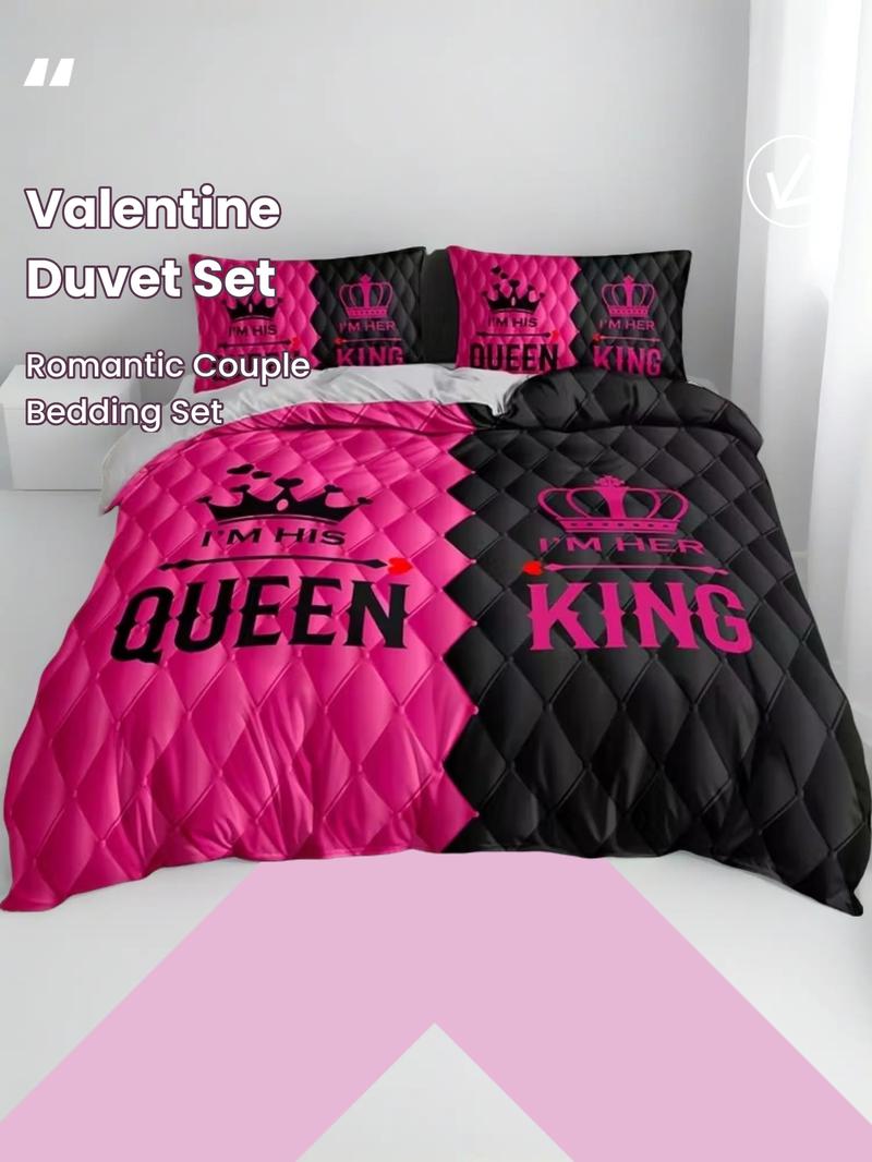 3-piece couple style king and queen printed duvet cover set, Bedroom Bedding Set, Valentine's Day elements, including 1 duvet cover and 2 pillowcases (excluding the core), suitable for all seasons, creating romantic bedroom couple bedding