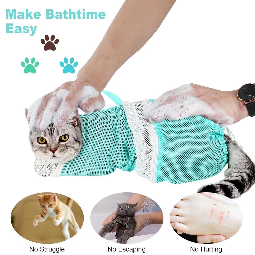 Adjustable Cat Bathing Bag, Anti-Bite & Anti-Scratch Shower Restraint, Breathable Mesh Grooming Bag for Bath, Nail Trimming & Injection