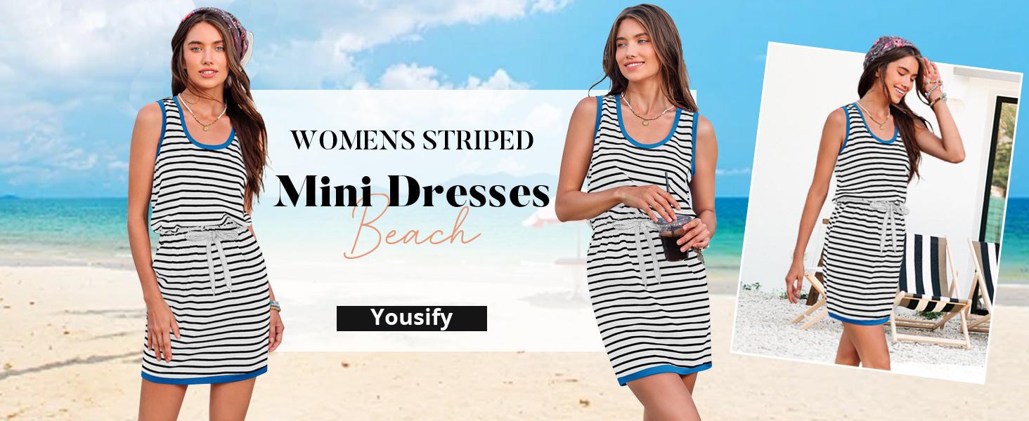 Imily Bela Womens Summer Sleeveless Striped Dress Drawstring Waist Casual Tank Mini Dresses with Pockets Imily Bela Womens Summer Sleeveless Striped Dress Drawstring Waist Casual Tank Mini Dresses with Pockets