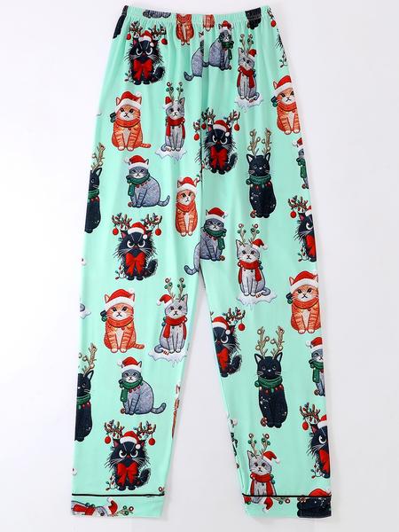 Women's Christmas Pajama Set, Long Sleeve Button Front Top & Elastic Pants, Animal Print, Casual Fitted Sleepwear for All Seasons, Nightwear Lounge Set