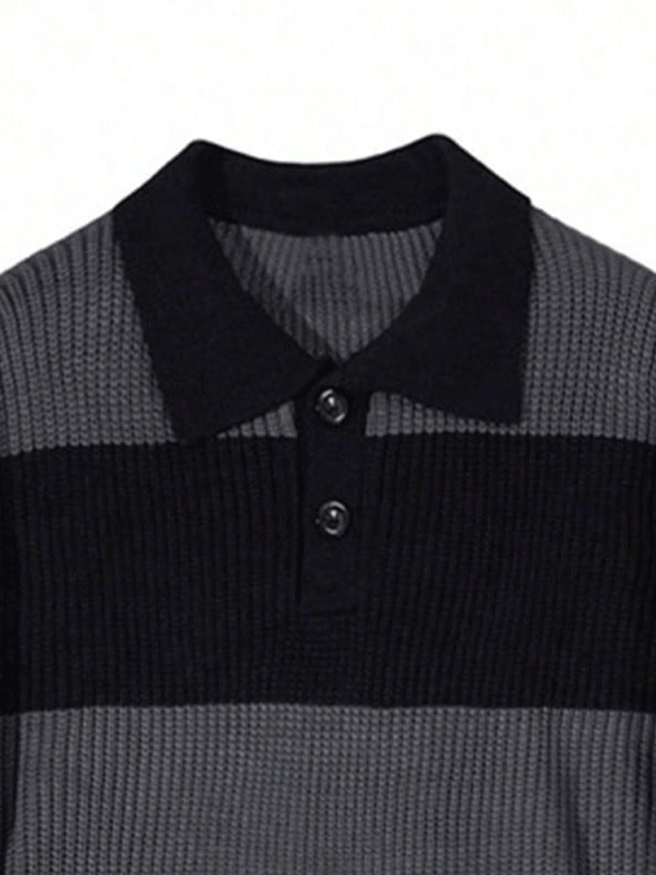 Men's Striped Lapel Half-Open Knit Polo Shirt, High-End Colorblock Sweater, Knitwear, American Vintage Style, Loose Fit, All Seasons, Casual