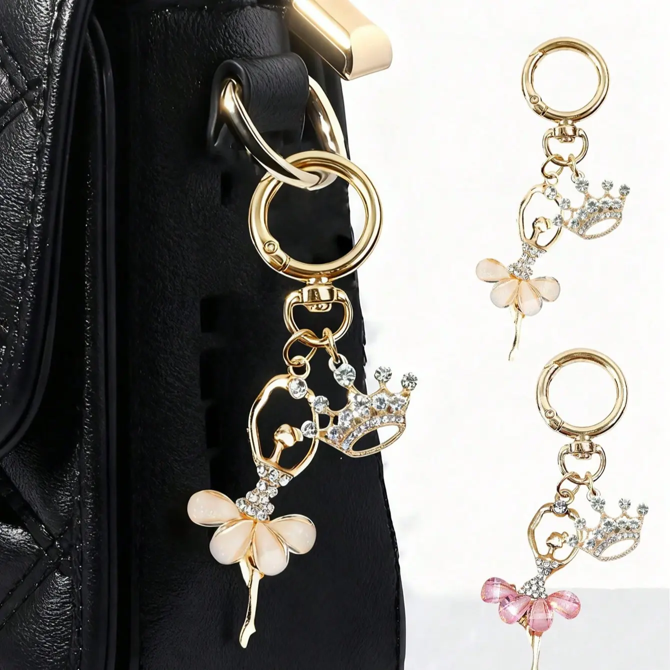 Elegant Ballerina Keychain, Shiny Ballet Girl Pendant, Crystal Crown Charm, DIY Jewelry Accessories, Enamel Alloy Ballet Keyring