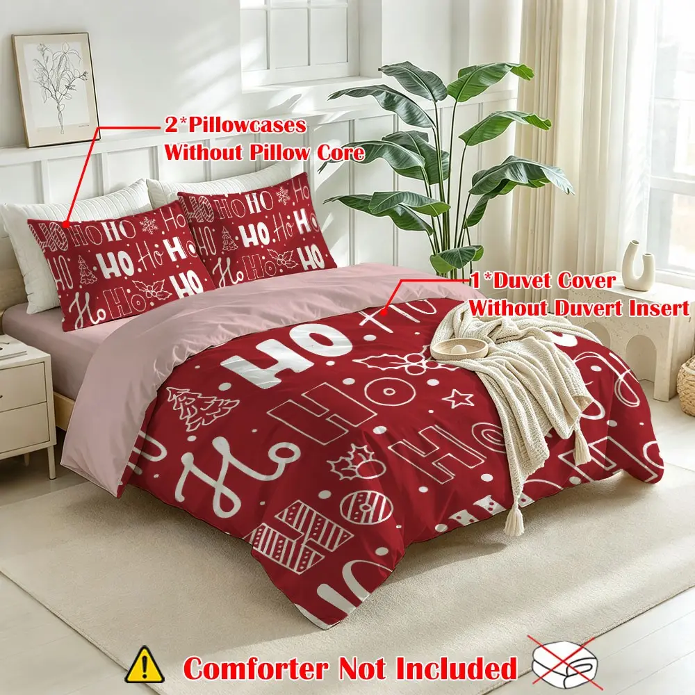3Pcs Vintage Christmas HoHoHo Font Duvet Cover Set,1 Duvet+2 Pillowcases,No Filler,Soft Bedding for Single Double Bed,Dorm Hotel Bedroom Gift