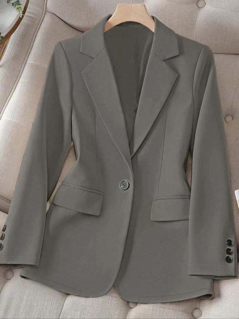 Women's Spring & Fall Solid Color Lapel Long Sleeve Single Button Casual Commuter Blazer Jacket, Fitted Plain Design