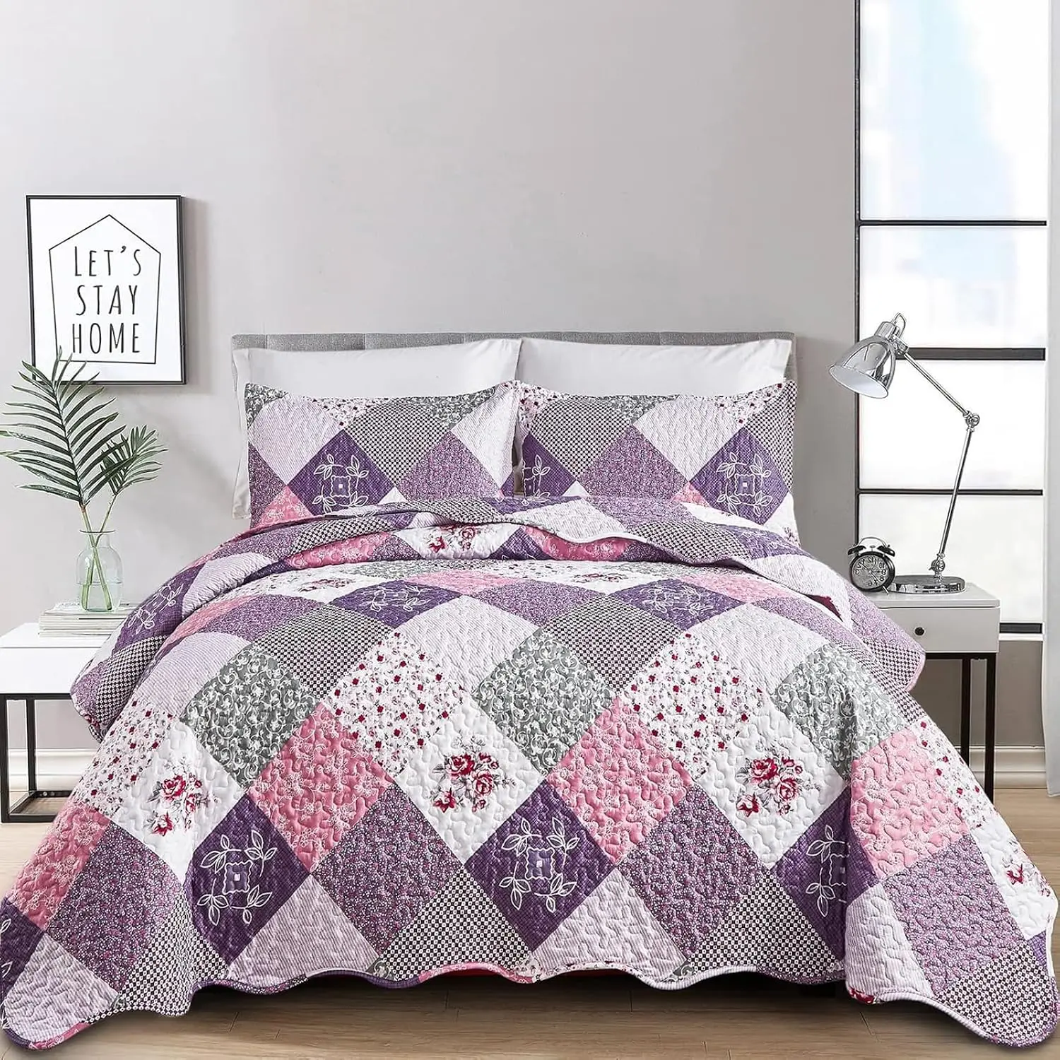 Cottagecore 3-Piece King Size Purple Bedding Set - Reversible Floral Patchwork Floral Spring Microfiber Cloth Coverlet, Soft Lightweight Summer Use, Machine Washable (104x90 in), 3 Pieces