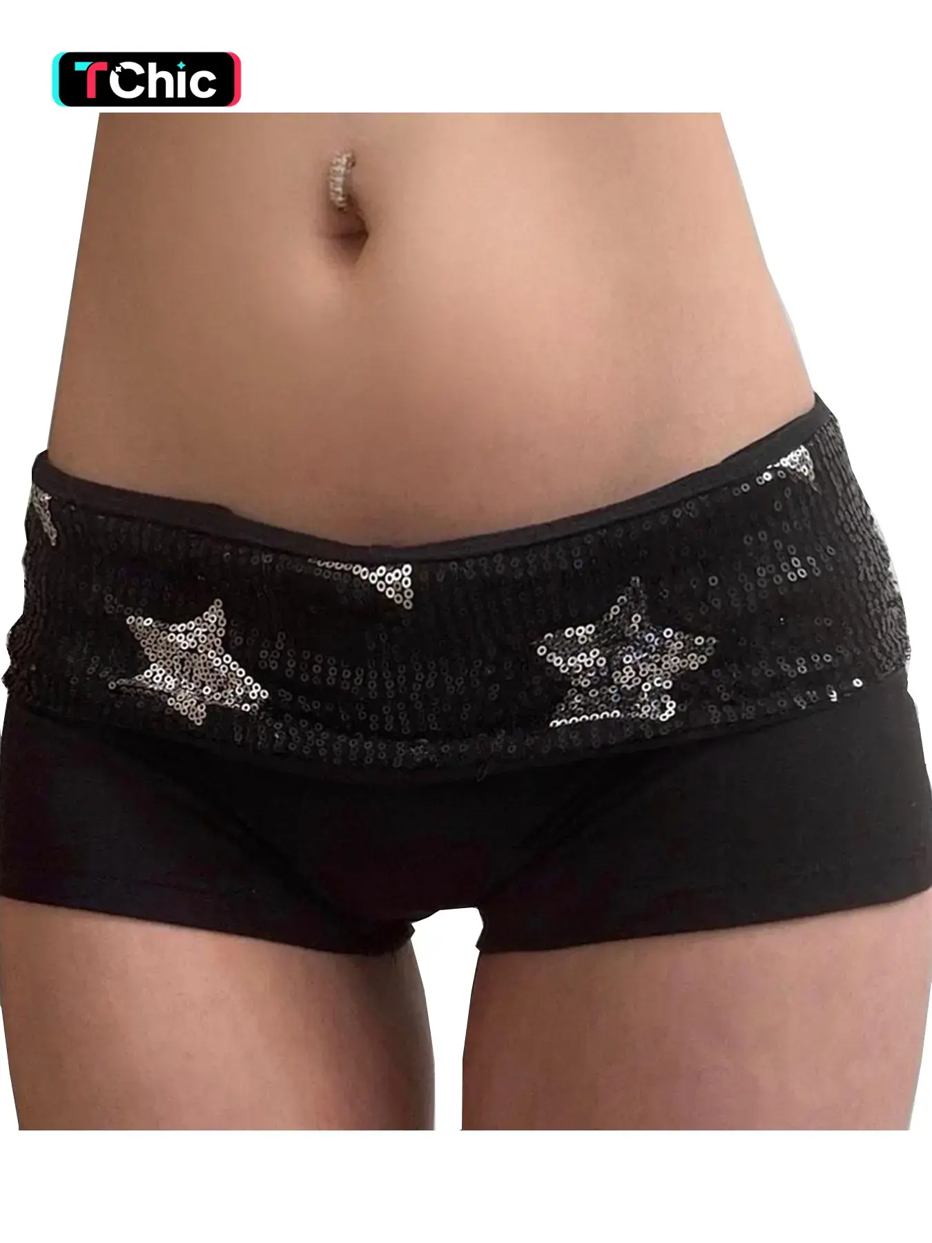 Y2K Style Star Sequin Shorts, Women's Low Waist Elastic Waist, Casual Summer Party Wear, Retro Tight Shorts, Nightclub Fashion, Casual Fashionable Shorts, Tight Fitting Shorts