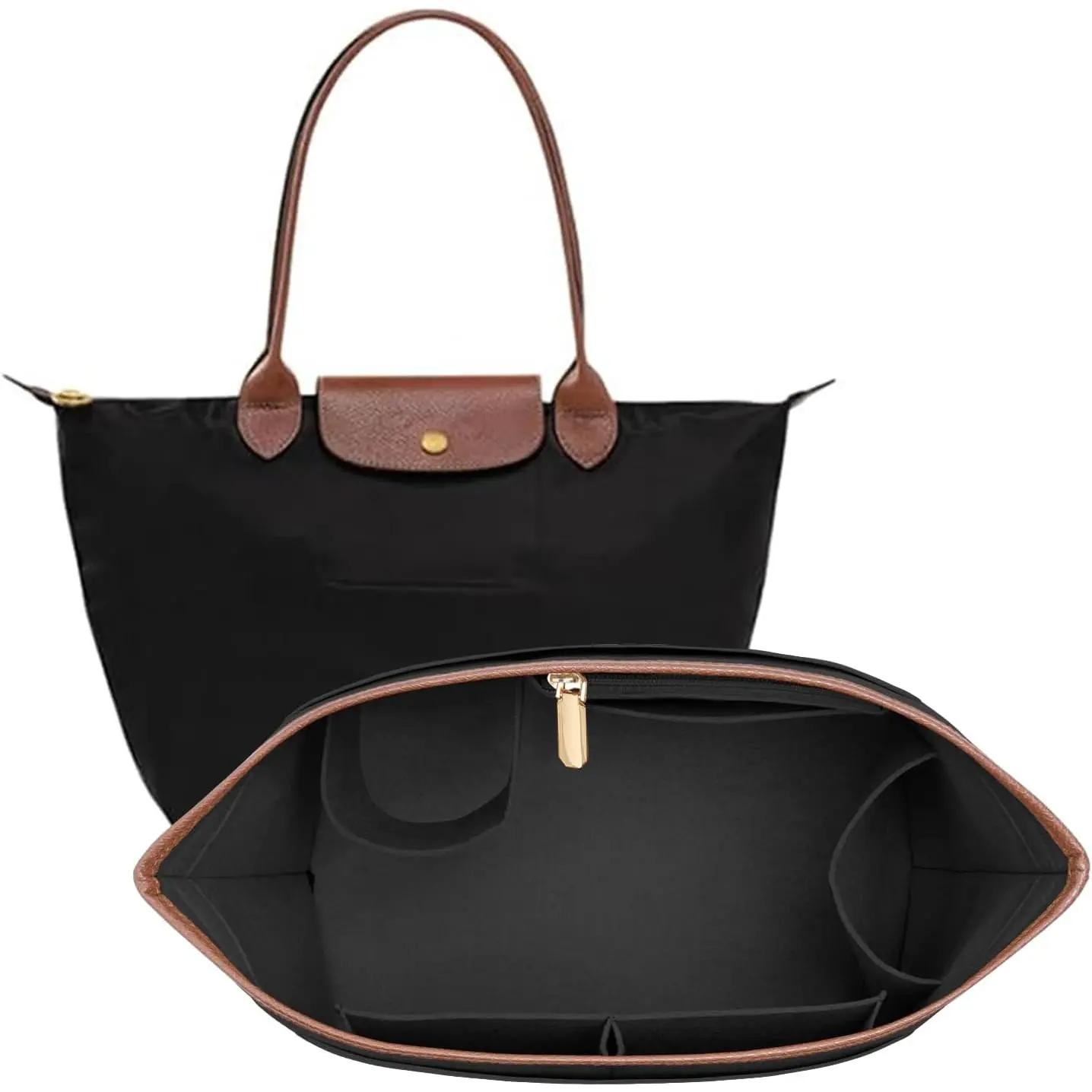 Leather-Edged Felt Insert Handbag Organizer for Longchamp Le Pliage Tote - Purse Storage with Cup Holder, Travel Organization Pouch (Black, Large)