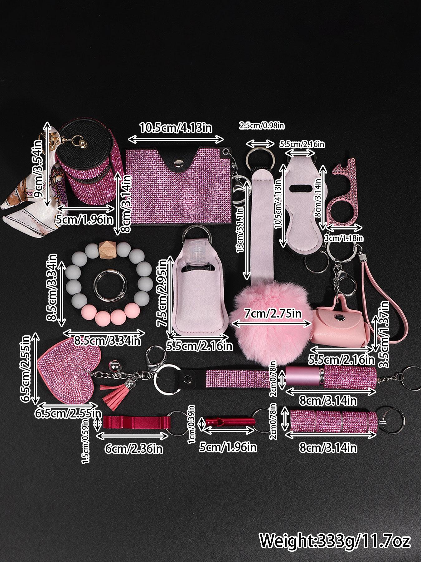 17 piece set shiny pink ladies rhinestone keychain suit wristband keychain with storage bag and pompom card bag accessories kit, keychain suit, key chain accessories, fashionable and strong material suitable for holiday, Keychain For Bags, Keychain Kawaii